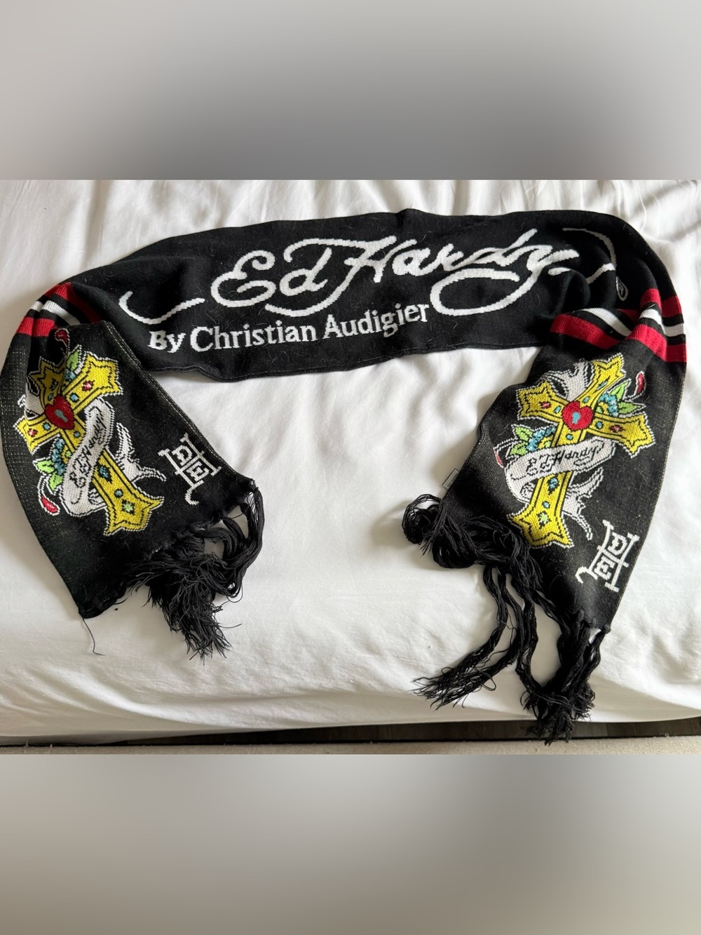Vintage Ed Hardy by Christian Audigier Knit Scarf Black Cross Graphic Y2K